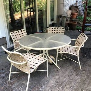 Vintage Tropitone Patio Dining Set: Aluminum Frame, Vinyl Straps, Acrylic Table