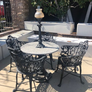 Vintage Cast Aluminum Patio Dining Set Attributed to Robert Wood Foundry , marble topped table