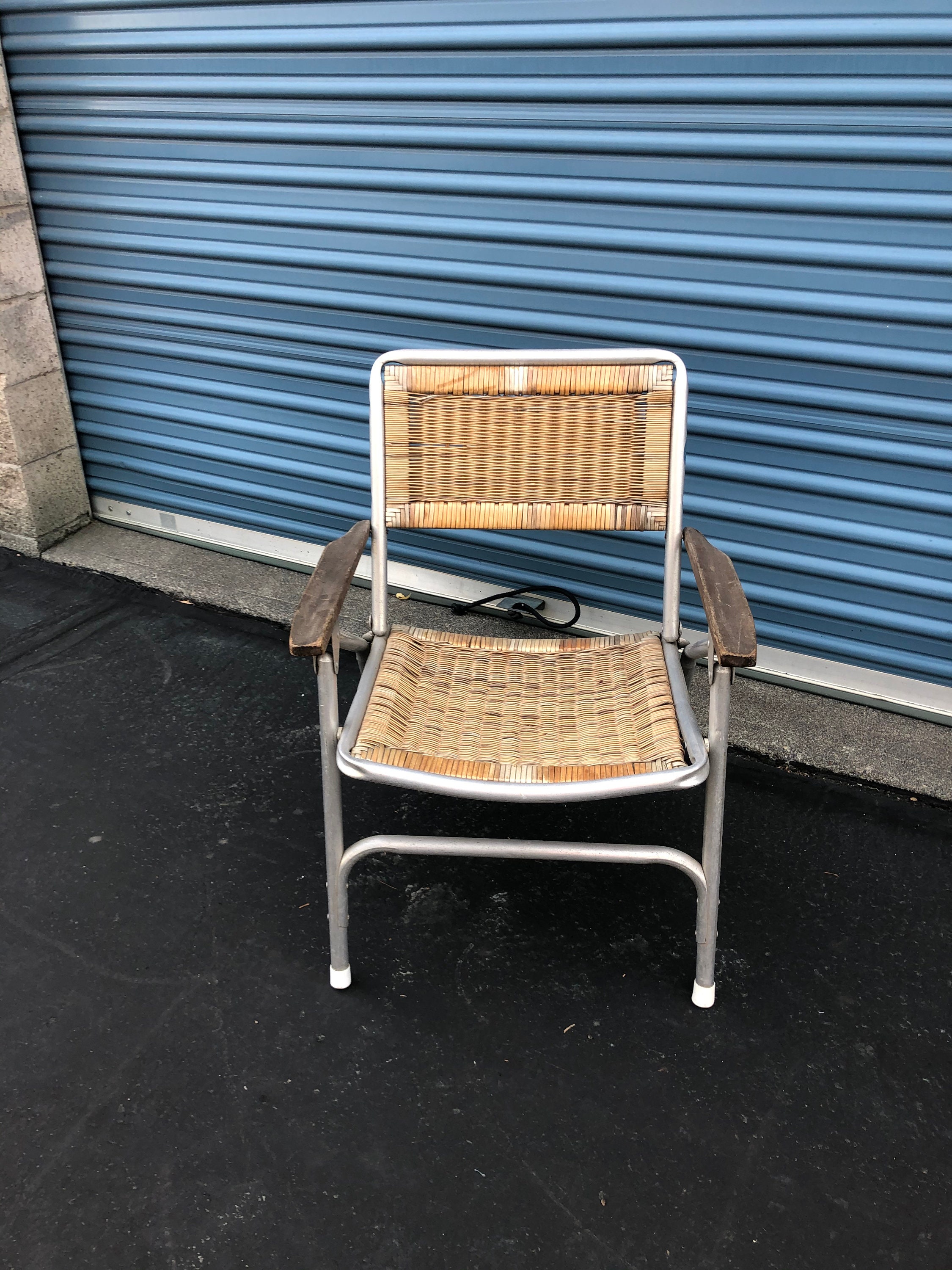 Vintage Aluminum Folding Patio Chair With Woven Rattan Seat Etsy