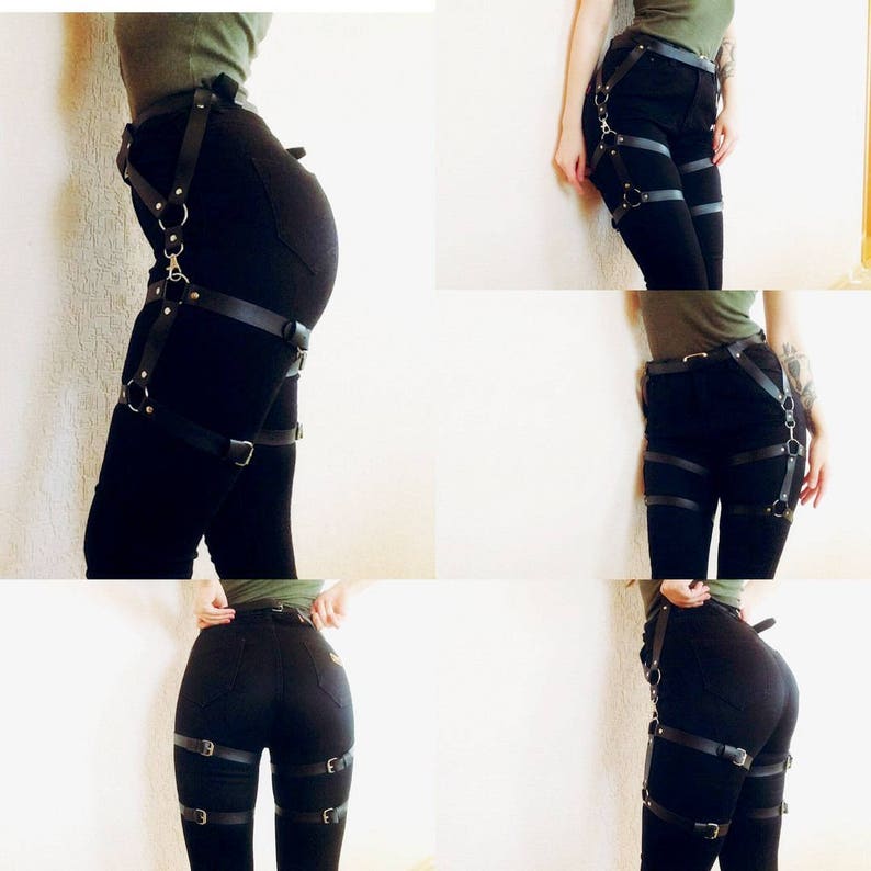 Waist to thigh harness Fetish harness leather leg garter Etsy