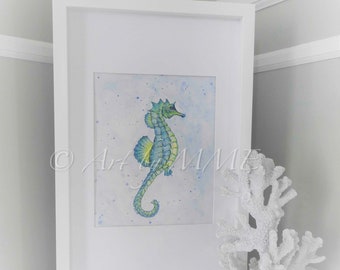 Seahorse, Watercolor, Gouache, Painting, Wall Art, UNFRAMED
