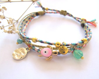 Boho Multi String Armband/ Hippie Armband mit Schildkröte rosa gold/ Makramee Armband blau rosa/ Multistrang Armband mit Anhänger/