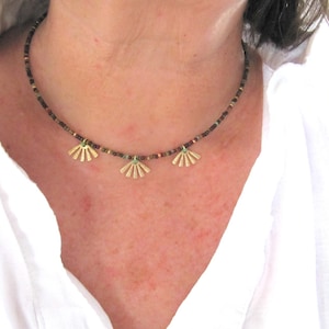 Necklace filigree pearl necklace golden charms brass colorful beads hippie brown green gift for women, Bohemians necklace filigree