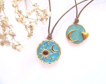 Necklace enamel star gold/half moon chain, jewelry woman, boho pendant, necklace women, enamel pendant, gift woman, turquoise gold