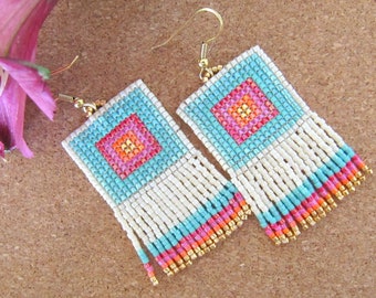 Fringe earrings blue orange pink gold, long miyuki earrings, woven earrings colorful, gift for women, square long earrings