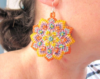 Mandala colorfull earrings, hippie earrings big, gift for women, macrame earrings , boho earrings colors, summer jewelry,