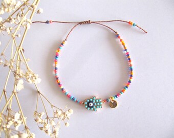 Colorful beaded bracelet with Hamsa hand/ Hand of Fatima bracelet/ Beaded bracelet colorful/ Boho bracelet/ Macrame bracelet/ hippie bracelet hamsa