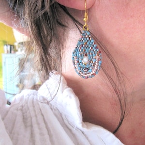 Peyote earrings with pearl/ Blue earrings Miyuki/ Pearl earrings/ Boho & Chic earrings/ Miyuki jewelry/ Gift for women
