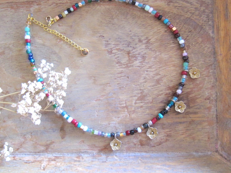 Boho necklace with Bohemian crystal beads/ Flower necklace/ Boho & Chic colorful necklace with flowers/ Hippie choker with colorful beads image 2