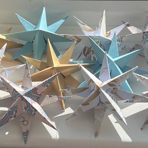 Handmade Origami Christmas Star Decorations: Blue, White, Gold - Box of 10