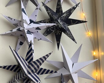 Origami Paper Star Decorations: Midnight Blue, Grey, White & Silver (Box of Ten)