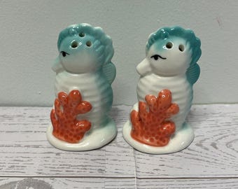 Vintage Seahorse and Coral Ceramic Salt and Pepper Shakers Set Teal Orange Kitch