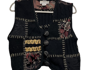 Sandy Starkman Patchwork Embroidered Knit Vest Black Floral Gold Grandmacore