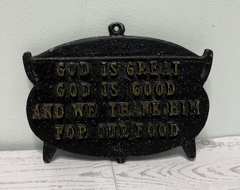 VTG Cast Iron Kitchen Prayer Trivet Wall Plaque God Is Great Black 6in MCM Kitch