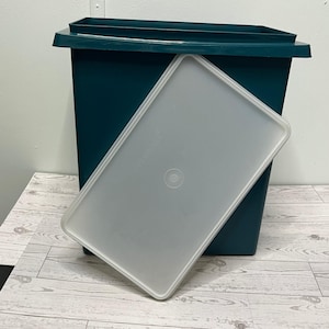 May include: A teal-colored plastic storage container with a matching lid. The lid is light gray and rests diagonally in front of the container. The container has a rectangular shape and a slightly textured surface.