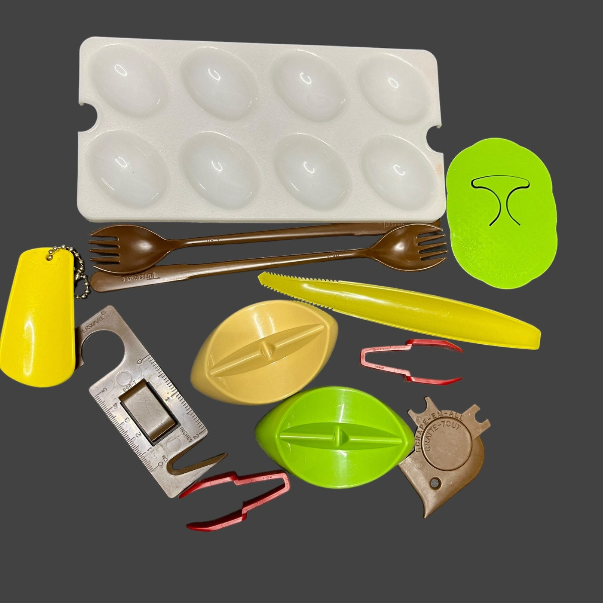 VTG TUPPERWARE Gadget Lot: Sporks, Deviled Egg Tray & Knife Rest, Scraper, Keychain - Retro Kitchen Collectibles