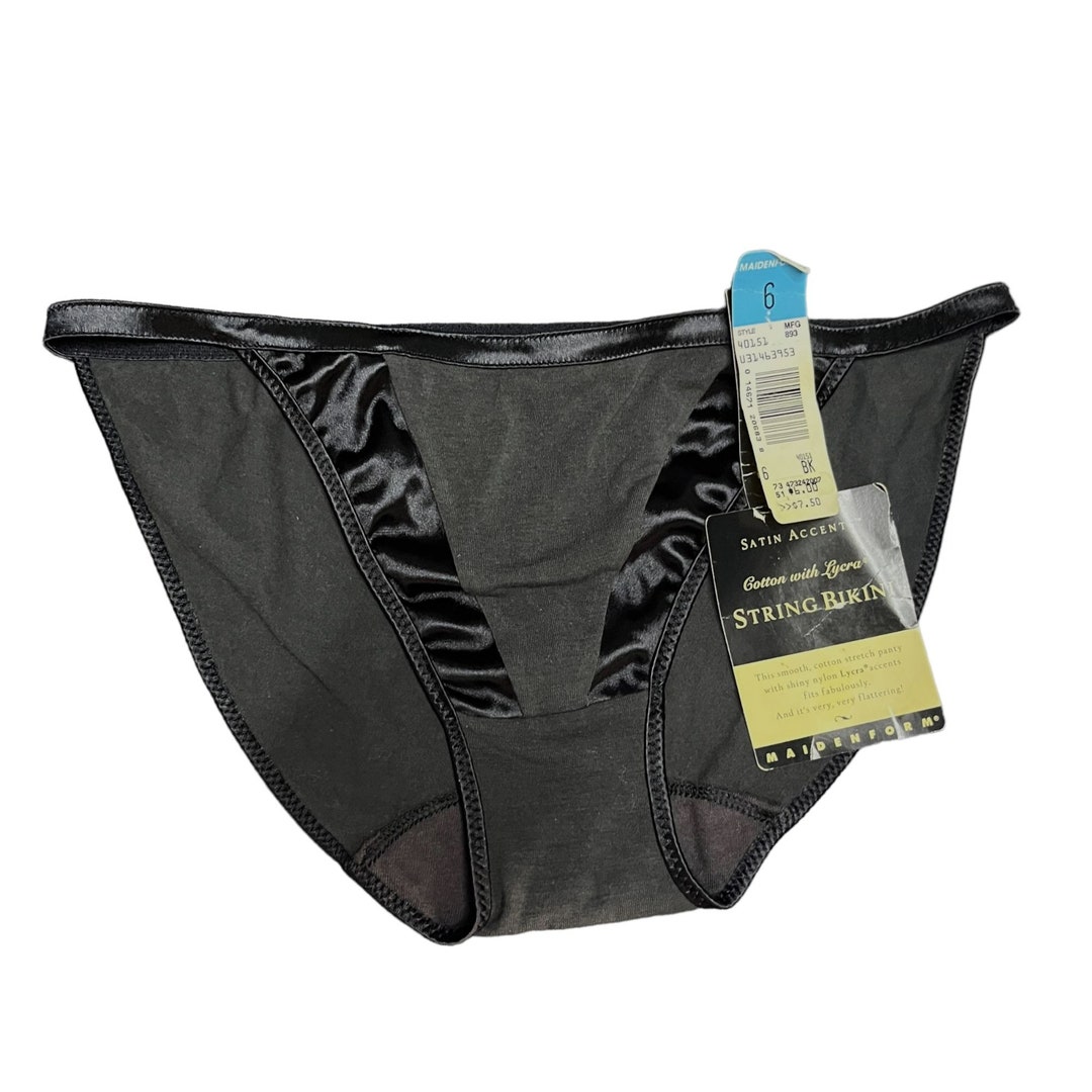 NEW VTG Maidenform String Bikini Panties Size 6 Black Nylon Cotton Satin Accents - Etsy
