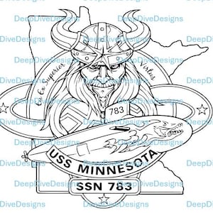 May include: Black and white illustration of a Viking with a horned helmet, a submarine, and the outline of Minnesota. The text includes "USS MINNESOTA", "SSN 783", "Ex Superior", and "Virtus".