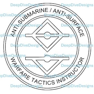 May include: A black and white circular graphic with the text "ANTI-SUBMARINE / ANTI-SURFACE" and "WARFARE TACTICS INSTRUCTOR". The design features geometric shapes within the circle, including diamonds and inverted triangles.