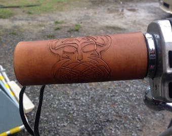 Viking Hand Tooled Leather Motorcycle Grip Covers