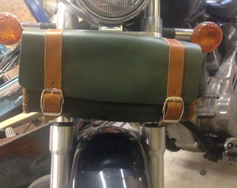Green and Tan Leather Motorcycle Fork Bag, Tool Bag, Hand Laced