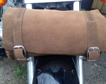 Brown Suede Leather Motorcycle Fork Bag, Tool Bag, Hand Laced