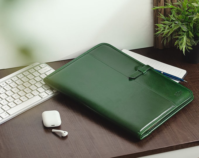 Custom leather portfolio, leather clipboard a4, business gift, meeting document holder, Green padfolio, conference folder a4
