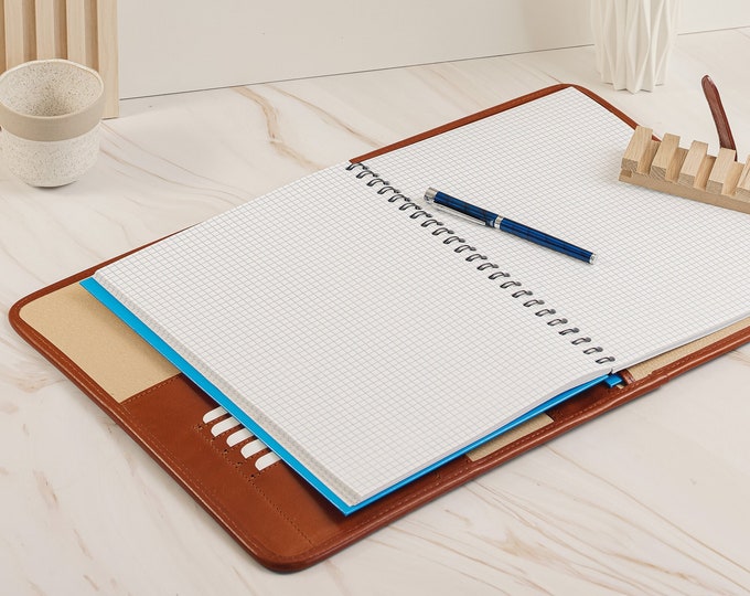 Cognac Leather Portfolio Padfolio, leather organizer. professional conference notepad and A4-sized leather notebook holder.