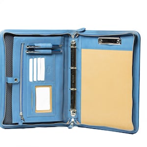 Pasta executiva de couro com 4 argolas, organizador de couro a4, presente comercial de couro, portfólio personalizado azul claro, porta-documentos