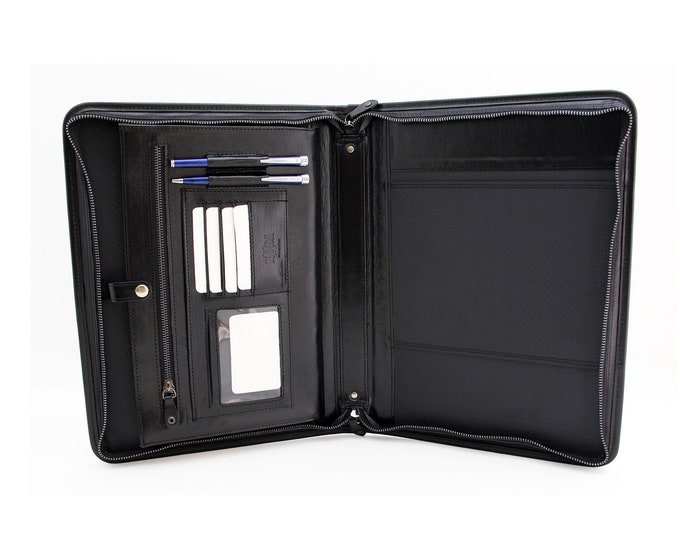 Leather Portfolio Padfolio, Zippered Business Folder, Conference Folder AF,   notebook Black,  Leather Customized portfolio with Handle