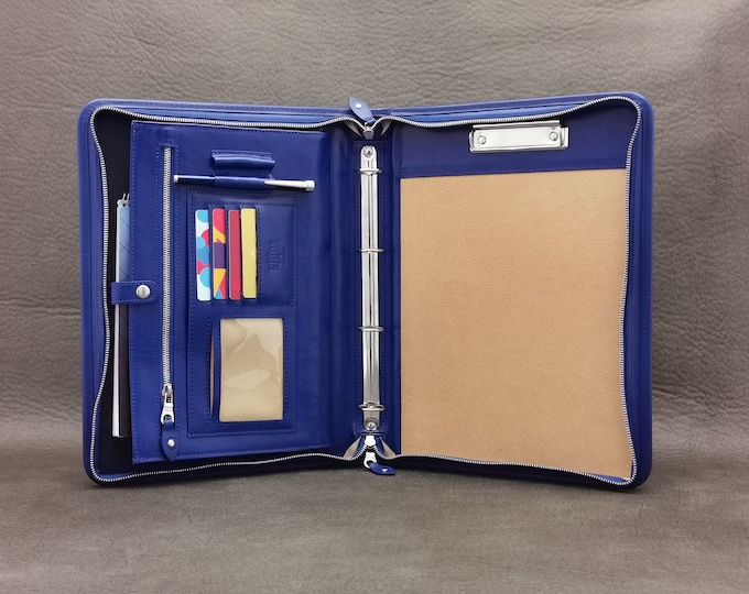 Italian  Leather  Portfolio,  4 Ring binder, Padfolio Clipboard,  Professional Business document holder for Men, Women  with handle Blue