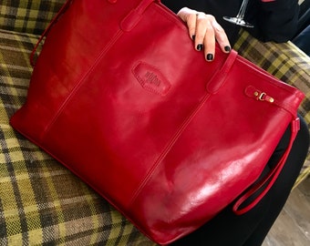 Leather handbag large satchel bag, Red leather tote