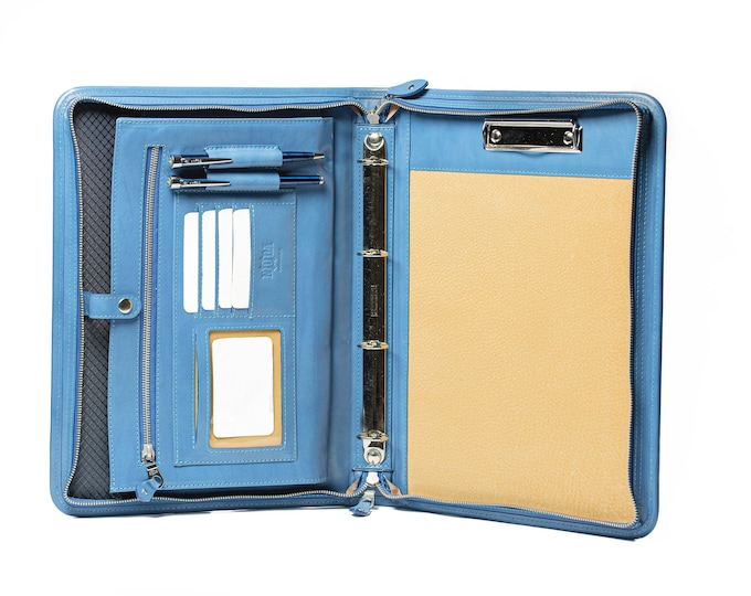 Executive Leather 4 ring binder,  Leather organizer a4, Leather business gift, custom portfolio light blue, document holder