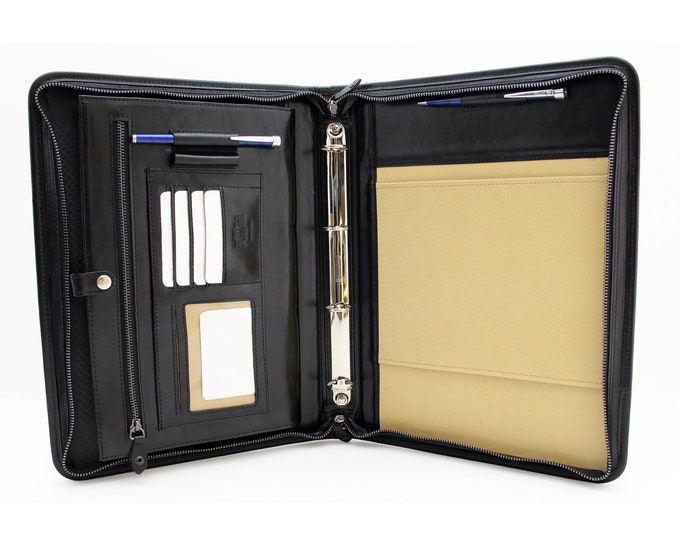 Italian  Leather Porfolio Zipper Business Folder  Conference A4 Folder custom  organizer Professional leather Portfolio Black
