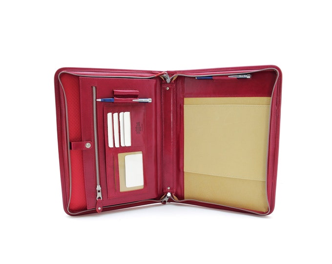 Leather portfolio a4, Personalised leather folio men, Zip document holder, Notebook case , Red Leather folder A4,Letter size Writing folder