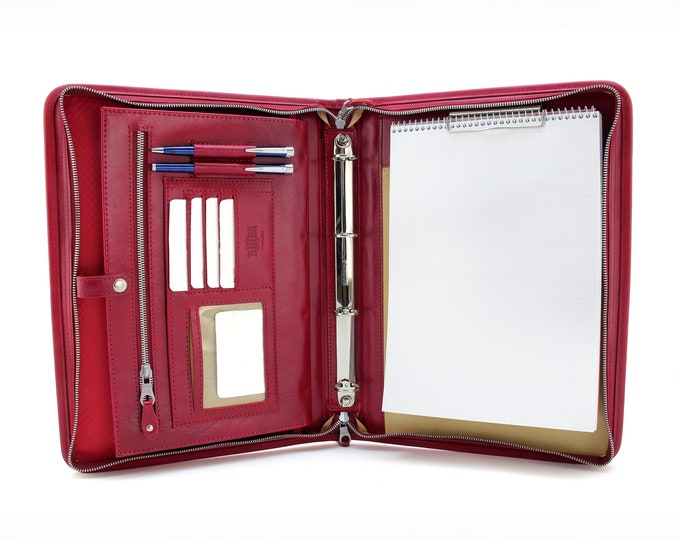 Women Leather Portfolio with A4 Notepad Holder, 4 Ring Binder Portfolio with Name/Logo Engraving, Anniversary gift for Her，easter gift
