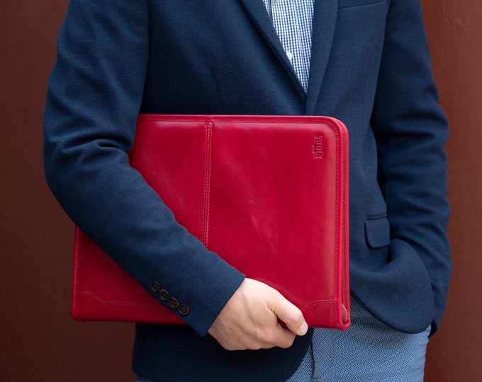 Leather Organizer, Personalized leather portfolio , Leather document holder, Red leather folder, Folio A4 ring binder, Professional planner