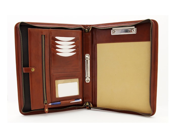 Noda Italian Leather Padfolio  Professional Business Portfolio w/ Zippered   Resume, Document, Notepad, 2 rings Organizer Cognac with handle