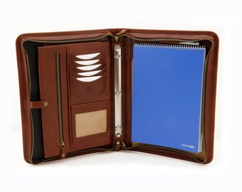 Italian  Leather Folder,  Zipped Business  portfolio, Genuine Leather 3 ring binder, Conference  Folder A4, Cognac Padfolio  with Handle
