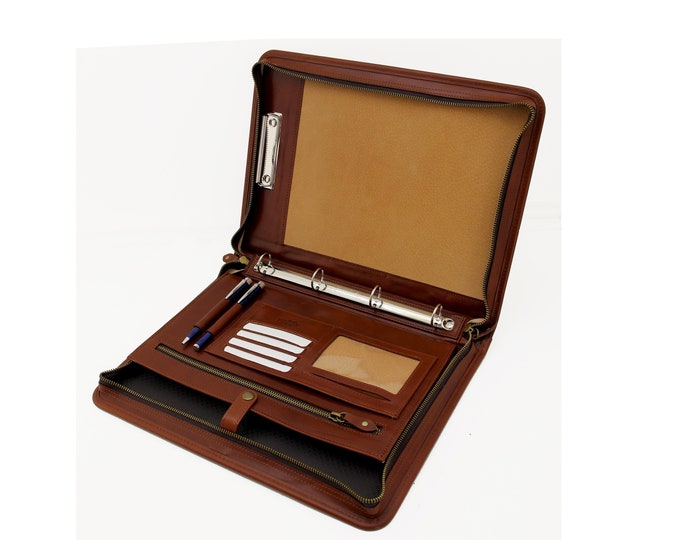 Italian Leather Ring binder, Leather conference folder, A4 folio, Leather padfolio Cognac, Writing case with Handle