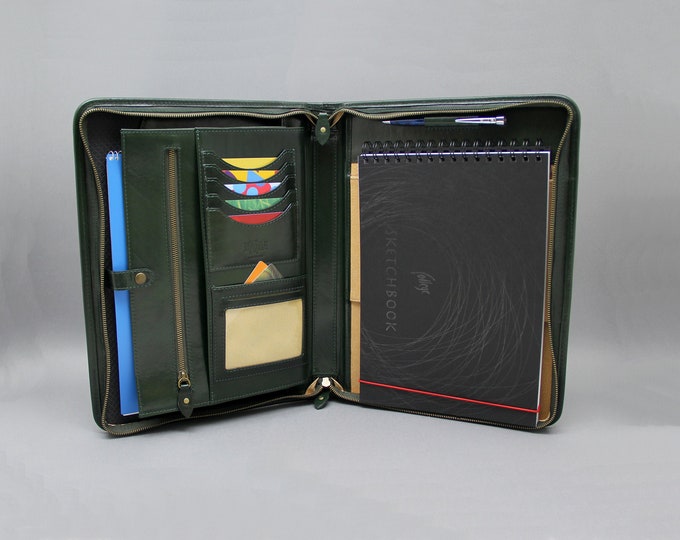 Leather Business Portfolio Case, Green Folio Cover for A4 and Letter size Paper Carrying,Writing Zipper Portfolio Case with Handle