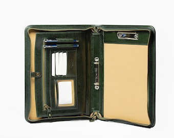 Leather portfolio ring binder. MacBook case, Laptop case, iPad sleeve, conference folder a4 , leather clipboard green