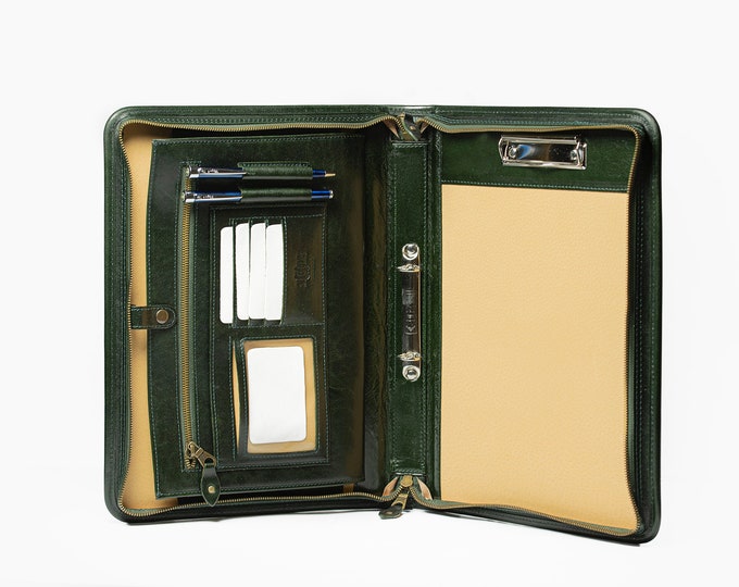 Leather portfolio ring binder. MacBook case, Laptop case, iPad sleeve, conference folder a4 , leather clipboard green