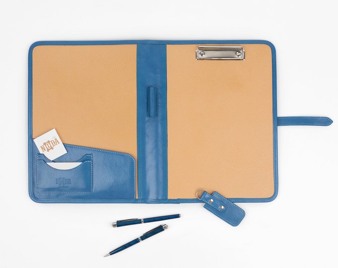 Leather  Clipboard light blue, 3 year anniversary gift for her, leather portfolio a4,