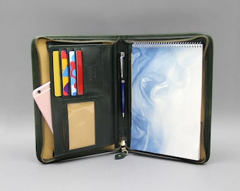 Noda - A5 Leather Compendium, Full Leather, Multiple Pockets, Zip Closure, Personalized organizer, Green  Notebook holder