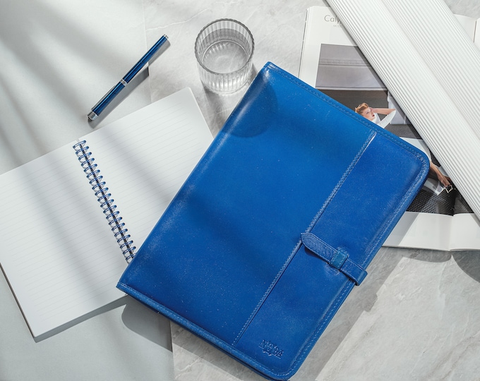 Handcrafted Blue Leather Clipboard: Stylish & FunctionalLeather portfolio , Blue conference folder a4, Business meeting padfolio, folio a4