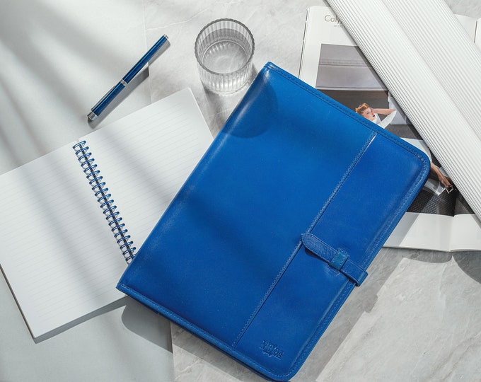 Handcrafted Blue Leather Clipboard: Stylish & FunctionalLeather portfolio , Blue conference folder a4, Business meeting padfolio, folio a4