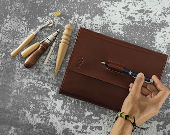 A5 Leather Notebook Cover/ leather portfolio cognac/  Personalized leather planner