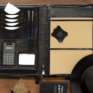 Portafolio de cuero A4 con calculadora, compendio de cuero Noda, portafolios de negocios, estuche para documentos, carpeta para conferencias negra