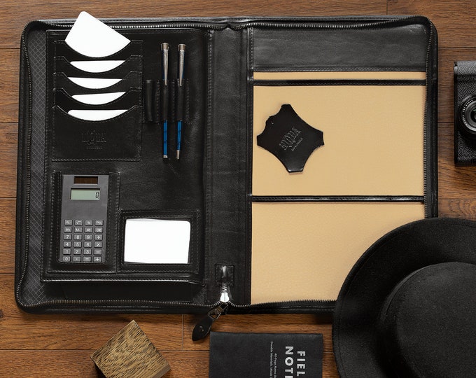 leather padfolio A4 with calculator, Noda leather compendium, business portfolio, document case, conference folder black